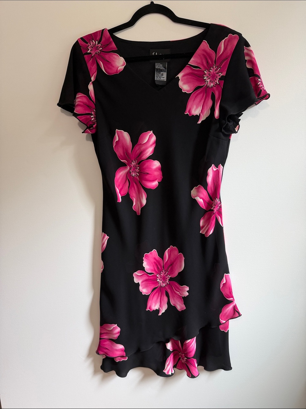 SL Fashions Black Dress with Bright Pink Floral Print -est Large (10-12)